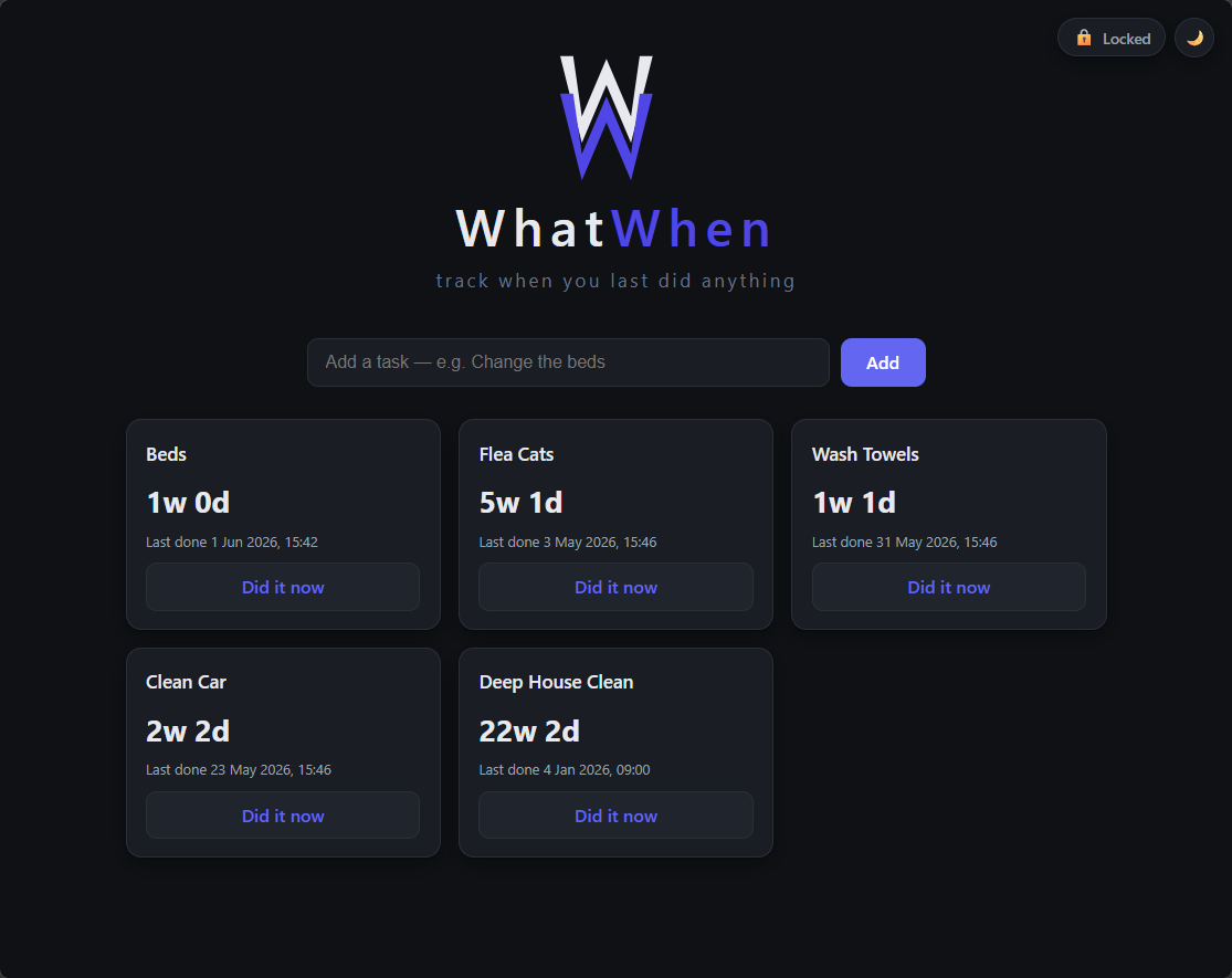 WhatWhen in dark mode — the same task grid with a dark background and lighter text