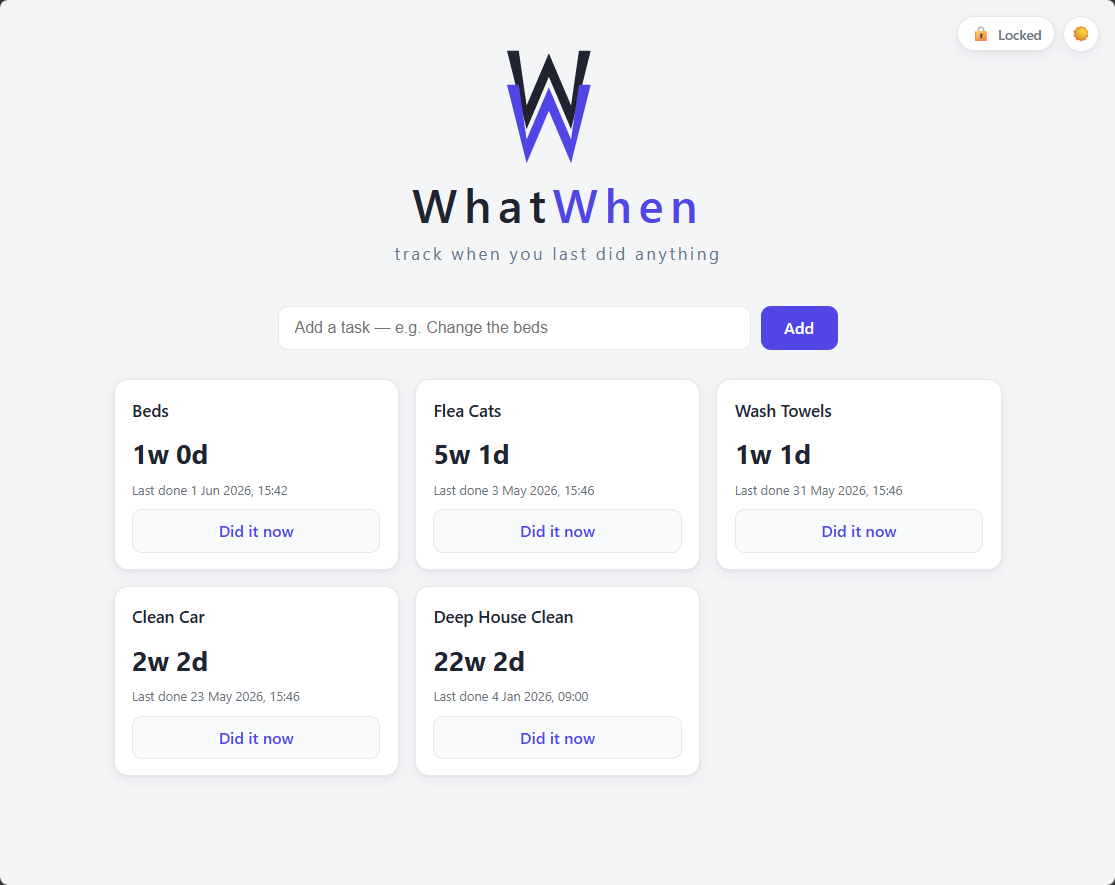 WhatWhen in light mode — a grid of task buttons each showing a timer counting up from the last reset